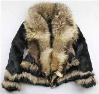 Just Cavalli Raccon Collar Rabbit Fur Leopard Lining Coat Black 819 