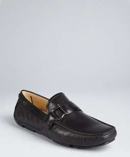 Salvatore Ferragamo black embossed leather Cabo gancio strap loafers