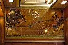 The First Class dining room mural on Queen Mary , on which a crystal 