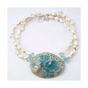   , Blue Calcite and Freshwater Pearls Curtain Bluff Necklace in Blue