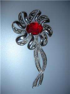 LARGE FLOWER BROOCH PIN ORNATE SILVER TONE RED CENTER  