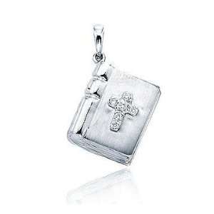  14K White Gold Diamond 3D Cross Bible Bracelet Charm 