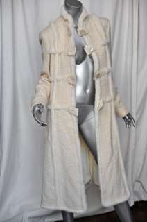 VALENTINO Cream Tweed Long FUR TRIM Ladylike Military Style Luxe Coat 