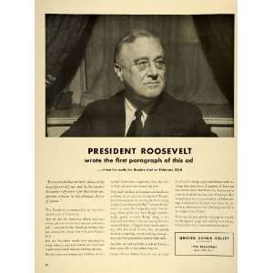 1942 Ad United China Relief World War II Donations President Roosevelt 