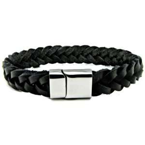 Elevation Wear Stainless Steel Bar Clasp Thick Weaved Leather Bracelet