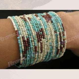 TURQUOISE BROWN SEED BEADS WIRE BANGLE CUFF bracelet  