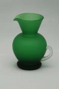   SATIN GREEN GLASS PITCHER VASE WITH CLEAR HANDLE LEFTONS JAPAN  