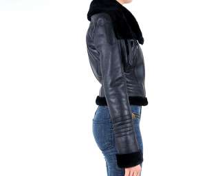 NEW Premium womens black real shearling fur leather mustang jacket 