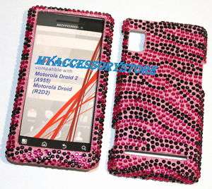 Motorola A955 Droid 2 II Pink Zebra Rhinestones Crystal Bling Phone 