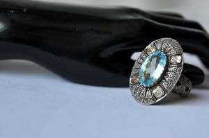 26CT Blue Topaz&Diamond Silver&Gold Ring 7.75 UNIQUE  