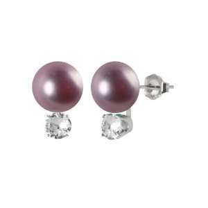   Purple Button Pearl Stud Earrings Accented with 5mm White Topaz