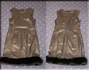 New Theory Black Lambskin Leather Dress Fur Trim 12 L  