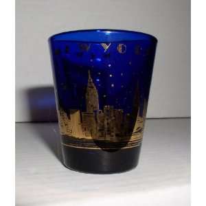  COBALT BLUE NEW YORK GOLD CITY SHOT GLASS ONE OUNCE 