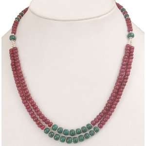   Handcrafted 2 Strands Natural Cabochon Emerald & Ruby Beaded Necklace