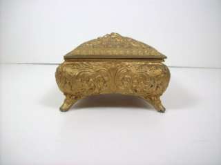 Vintage Repousse Trinket Jewelry Box Casket Gold Tone Red Lined 