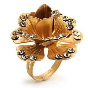  Gold Tone Crystal Rose Cocktail Ring Jewelry