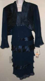 NWT Genuine SL FASHIONS blue sapphire tier dress & bolero jacket set 