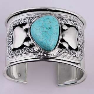 Vintage Map Howlite Blue Turquoise Heart Bead Wide Cuff Bracelet Tibet 