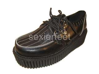 Platform Creeper Black Pu pinstripe Shoes with zipper. Color Black 