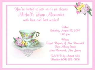 10 PINK TEA CUPS WITH FLOWERS BRIDAL SHOWER INVITATIONS  