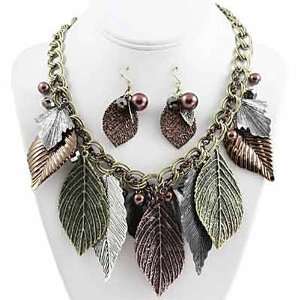  Tri Tone Large Leaf Necklace and Earrings Set Jewelry