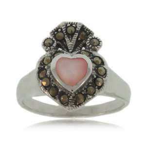  Heart Ring Silver Marcasite Pink Mother of Pearl New 