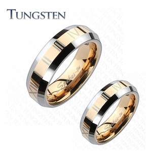   Tungsten Carbide Rose Gold IP Roman Numerals Beveled Couple Ring 4 Sz