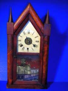 Antique Waterbury Clock Co Steeple Shelf Mantel 8 Day Reverse Painted 