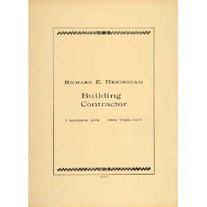  1909 Richard E. Heningham Building Contractor NYC Ad 