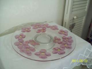 large cake plate footed with mauve raized flowers wow  