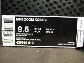 Nike Zoom Kobe VI Silver Grey Harrison Barnes Mens Basketball New Sz 9 