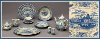 BLUE & CREAM TRANSFERWARE VICTORIAN TOILE DINNER SET FOR 8 with 