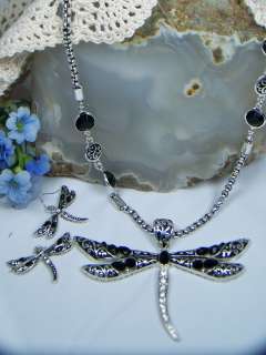 Antique Silver Tone Black & Crystal Large Dragonfly Necklace Set 