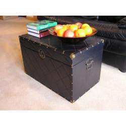 Black Faux Leather Large Wood Steamer Trunk  