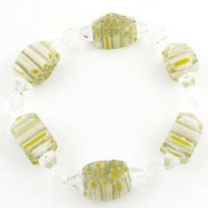  White Millefiori Style Glass Cube Bead Stretch Bracelet 