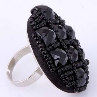Adjustable Silver Plated Black Faceted Circle Beaded Off Ring Min SZ 7 