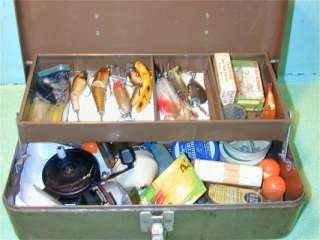 Vintage Fishing Tackle Box full of misc Lures Hooks reels bait  