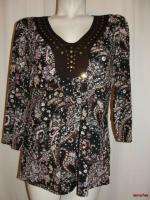   BRITTANY BLACK Brown Black White Scoop Neck 3/4 Sleeve Blouse Top XL