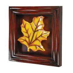 Amber Glass Leaf in Brown Wood Shadow Box Wall Art  