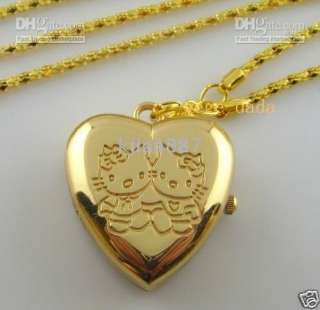 Lovely Hellokitty heart shape boys girls necklace pocket watch L2 