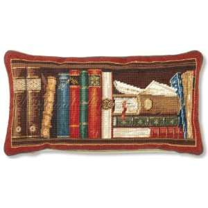  Bookshelf with Red and Yellow Border Oblong Needlepoint Pillow Free 