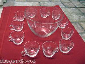 13 pc Older ETCHED Checkered Glass PUNCH BOWL Set w/Lid  