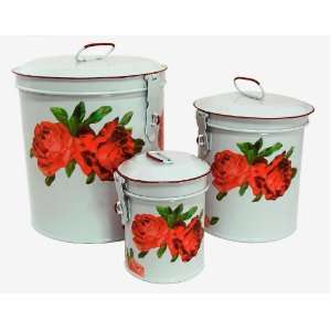 White Canister Set w/ French Chic Red Roses, Vintage Shabby Chic 