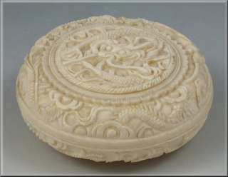 Fine 19th Century Chinese Carved Ox Bone Round Box w/ Relief Dragons 