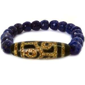  6 Eyed Dzi Bead Beacelet with Faceted Sodalite Crystal 