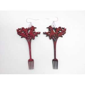  Cherry Red Salad and Fork Wooden Earring GTJ Jewelry