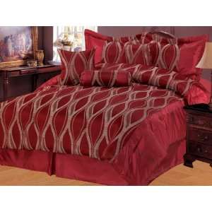   7Pcs Burgundy Jacquard Wave Comforter Bedding Set King