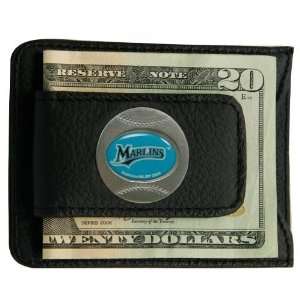   Marlins Black Leather Card Holder & Money Clip