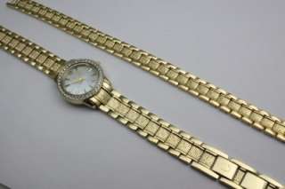New Elgin Women Crystals Gold Bracelet Pearl Dial Watch Set 26 mm 