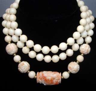   Oriental ANGEL SKIN CORAL Bead Necklace 38~14K Gold Spacers  